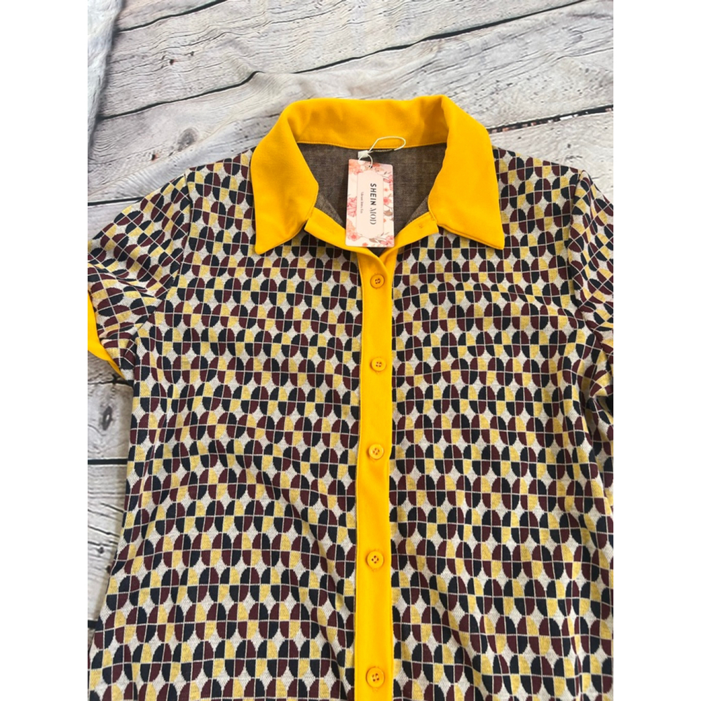 NEW Women's SHEIN MOD Brown & Yellow Geometric Mini Dress L - Picture 3 of 7